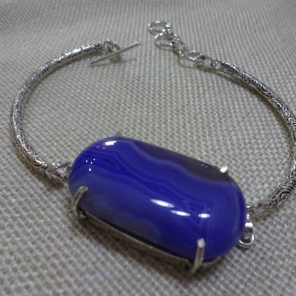 Gorgeous "PURPLE BOTSWANA AGATE" Handmade Sterling Stamped Bangle Bracelet 872A - Picture 2 of 3